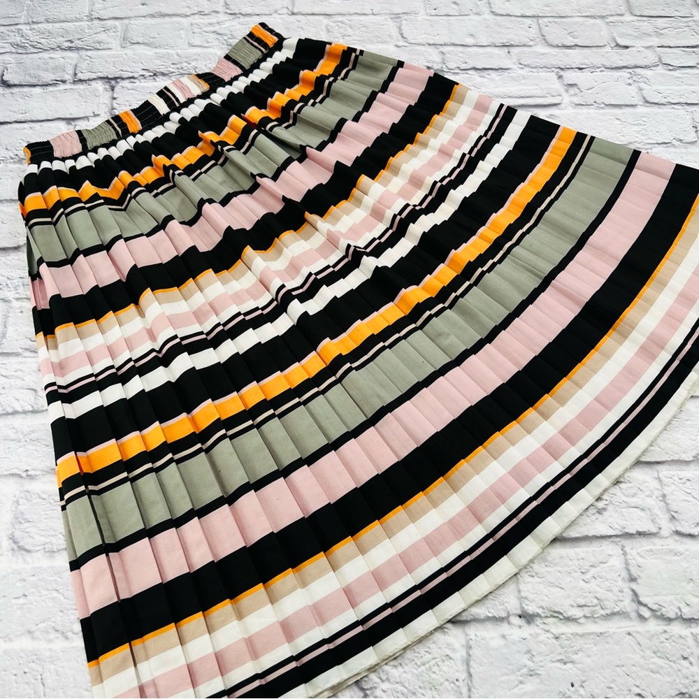 Storm & Marie Striped A-Line Skirt in Black, Pink, and Orange Large Pleated Midi